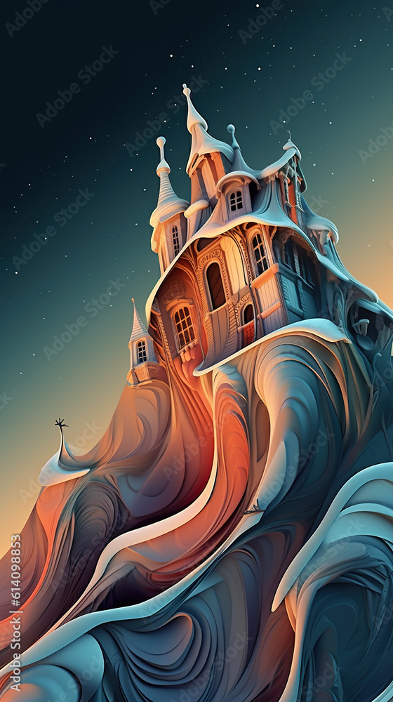 Poster a painting of a house on top of a wave. generative ai. abstract wavy patterns in blue and orange.