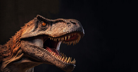 Trex, Tyrannosaurus rex.Head close of Green Dinosaur Tyrannosaurus Rex with open mouth in attack position dark background