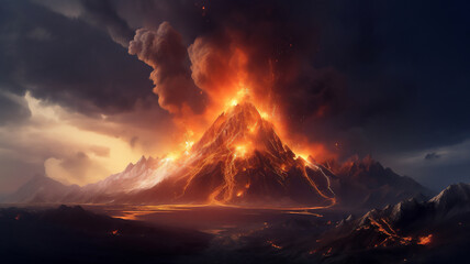 Volcano eruption creating an explosive mix of volcanic ash and molten rock lava from its crater which will lead to an erupting pyroclastic flow, computer Generative AI stock illustration image