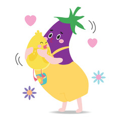 hugging friends' concept. cute eggplant and chick on white background flat vector illustration.