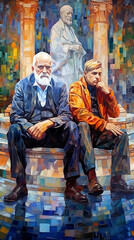 A painting of a old and middle age men sit in front of water fountain, oil painting style 