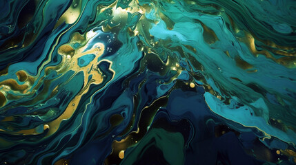 abstract liquid ink painting in green, blue and yellow. Generative Ai. 