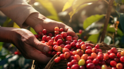 coffee picker shows fresh beans on the background of the basket. Generative Ai.  - obrazy, fototapety, plakaty