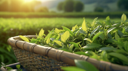 picking tea leaves at a tea plantation. Generative Ai.  - obrazy, fototapety, plakaty