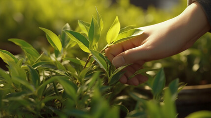 tea picker's hand on a tea plantation. Generative Ai.  - obrazy, fototapety, plakaty