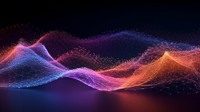 Cyber big data flow. Blockchain data fields. Network line connect stream. Concept of AI technology, digital communication, science research, 3D illustration music waves, Generative AI