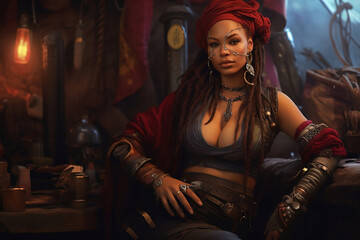 Fototapeta na wymiar A African in pirate costume sit confidently on sofa in dark room