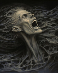 Banshee's wailing ability with her mouth wide open in a silent scream in agonize pain