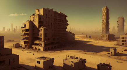 A Desolate City Ravaged by War: Desert Climate, Sweltering Heat. Generative AI.