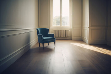 A blue armchair in bright empty modern classic room with copy space