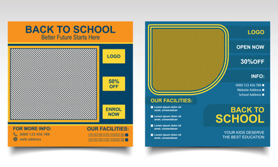 Back to school banner design. School or college admission online post or leaflet template. 