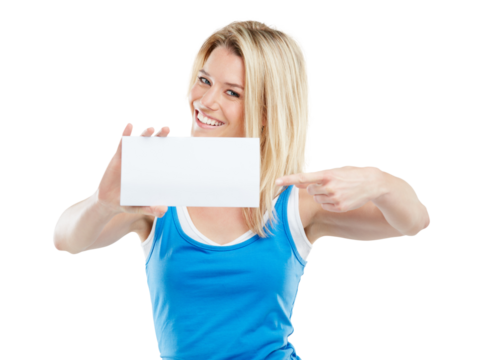 Mockup, pointing and card with portrait of woman on transparent background for show, promotion and idea. Happy, sign and paper with person isolated on png for announcement, logo and presentation