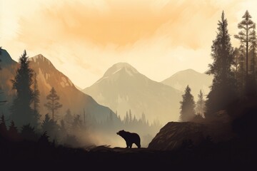 Minimal wilderness landscape: Bear silhouette against misty mountains, a serene depiction of untamed nature.  Generative AI