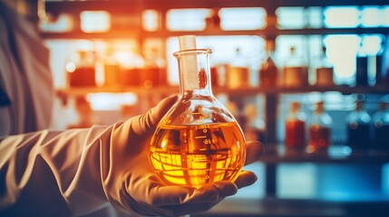 hand of scientist holding flask with lab glassware in chemical laboratory background, science laboratory research and development concept, Generative AI