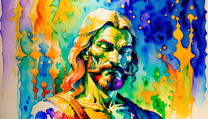 Colorful watercolor portrait of Jesus Christ on illuminated background with colors, in watercolor style. Generative AI.
