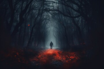 Man surrounded by a scary forest, immersed in a dark horror landscape. Halloween-themed background.  Generative AI