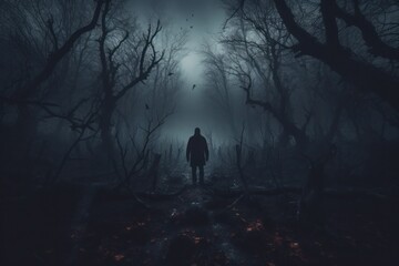 Man surrounded by a scary forest, immersed in a dark horror landscape. Halloween-themed background.  Generative AI