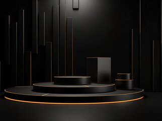 A black stage with a light on top of it. Generative AI. Beauty product podium with copy space.
