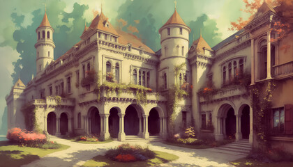 Fototapeta na wymiar The enchanting palace enveloped by climbing plants. Watercolor style. Generative AI.