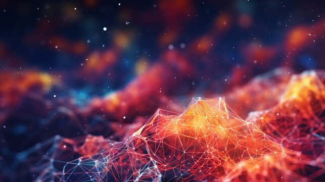Neural network 3D illustration. Big data and cybersecurity. Data stream. Global database and artificial intelligence. Bright, colorful background with bokeh effect, Generative AI