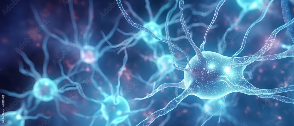 Poster exploring the intricate world of neurons: stunning 3d microbiology render of nerve cells background 