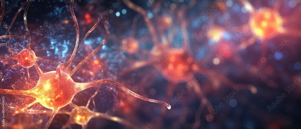 Poster exploring the intricate world of neurons: stunning 3d microbiology render of nerve cells background 