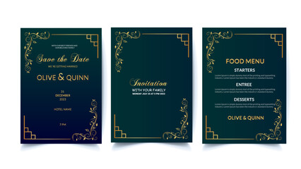 Luxury wedding invitation card background with golden line art  
