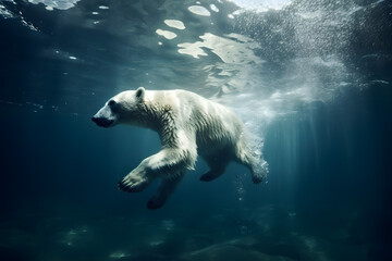 Polar bear swimming underwater in the ocean. Generative AI