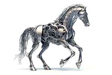 A horse made out of metal parts on a white surface. Generative AI.