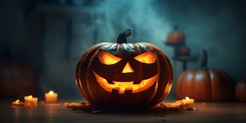 Fototapeta premium AI Generated. AI Generative. Halloween spooky boo scary horror night pumpkin with candle lantern. Decoration magic holiday. Graphic Art