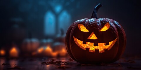 Fototapeta premium AI Generated. AI Generative. Halloween spooky boo scary horror night pumpkin with candle lantern. Decoration magic holiday. Graphic Art