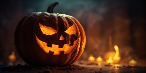 Fototapeta premium AI Generated. AI Generative. Halloween spooky boo scary horror night pumpkin with candle lantern. Decoration magic holiday. Graphic Art