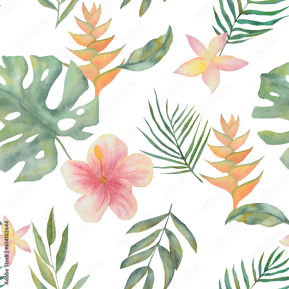 Wall mural seamless pattern with monstera leaves. Watercolor pattern with tropical flowers. Green seamless background. Watercolor twigs. watercolor floral illustration on a white background.