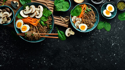 A bowl of Asian-style soup with soba noodles, egg, mushrooms, and green onions. On a stone background. Top view.