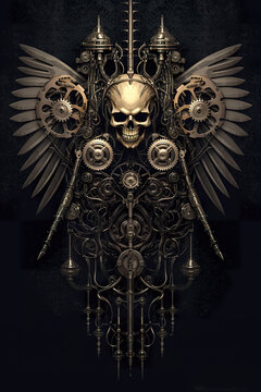 A skull with wings and gears on a black background. Generative AI.