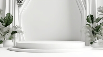 Podium with flowers on white background to display products, gift or cosmetics. Generative AI