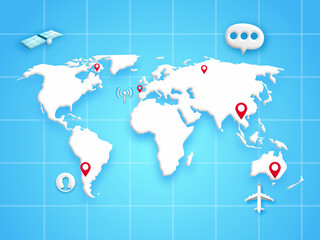 Communication map world with plane, satellite, icon people, location and speech on isolated blue sky background. meeting points of airports and global communication. Illustration 3D for online connect