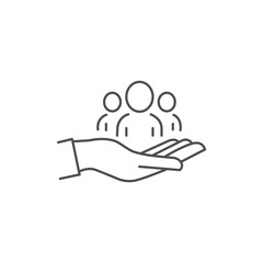 A hand raises a group of people. Increase opportunities. Collective professional growth. Reaching a new level. Vector linear icon isolated on white background.