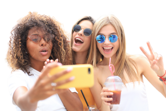 Three cute young girls friends having fun together, taking a selfie on a transparent background.