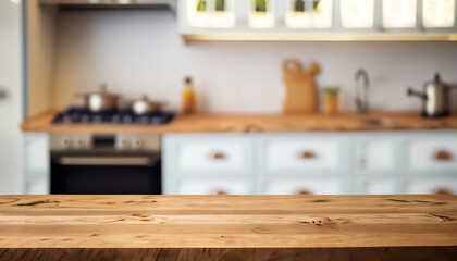 Fototapeta na wymiar Wood table top on blurred kitchen background