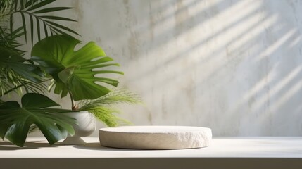 Blank minimal white counter podium, soft beautiful dappled sunlight, tropical palm foliage leaf shadow on wall. Generative AI