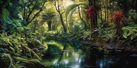 AI Generated. AI Generative. Nature outdoor wild landscape forest jungle river scene. Adventure travel explore vibe. Graphic Art