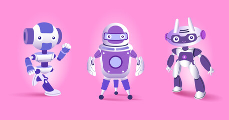 Hand drawn robot character with different poses collection, Cartoon robot icon set.