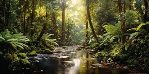 Obraz premium AI Generated. AI Generative. Nature outdoor wild landscape forest jungle river scene. Adventure travel explore vibe. Graphic Art