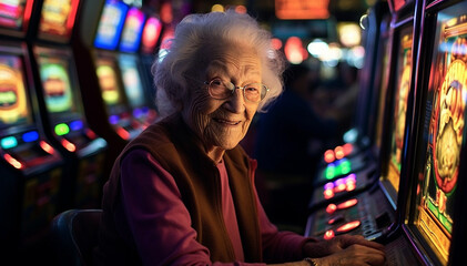 Fototapeta premium portrait of elderly woman gambler playing slot machine in casino. Slot Machines in Las Vegas. Grandma addicted to fruit machines excited