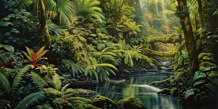 AI Generated. AI Generative. Nature outdoor wild landscape forest jungle river scene. Adventure travel explore vibe. Graphic Art