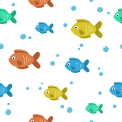 Colorful fishes and bubbles seamless vector pattern