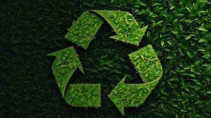 Banner copy space of a a Recycling symbol made of grass and leaves. 3d rendering, ai generative