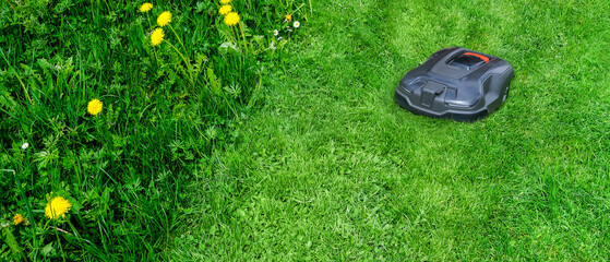Mowing the lawn with a robotic lawn mower. Banner