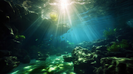 Underwater sunlight through the water surface seen from a rocky seabed with algae. Generative AI